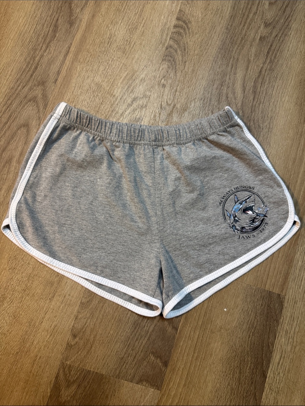 Gray Women's Athletic Shark  Print running Shorts with White Trim always hungry